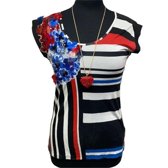 Desigual Striped Floral In Black White Red Blue - Picture 1 of 6